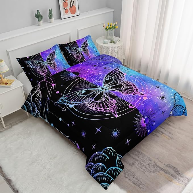 Black Blue Butterfly Comforter Set for Girls Women,Boho Butterfly Sun and Moon Mandala Printed Bedding Set with 2 Pillowcases(Black Blue Queen)