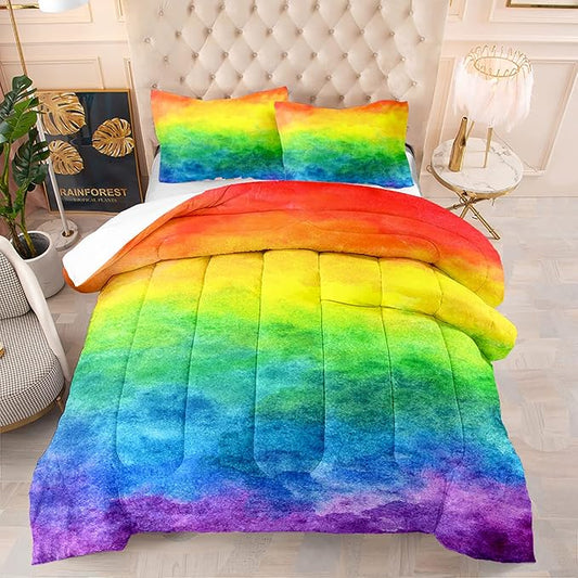 BSNTHO Rainbow Comforter Set Girls Colorful Bedding Set for Kids Teens Tie Dye Down Comforter Pastel Quilt Rainbow Duvet 3Pcs Queen Size Lightweight Ultra Soft Microfiber