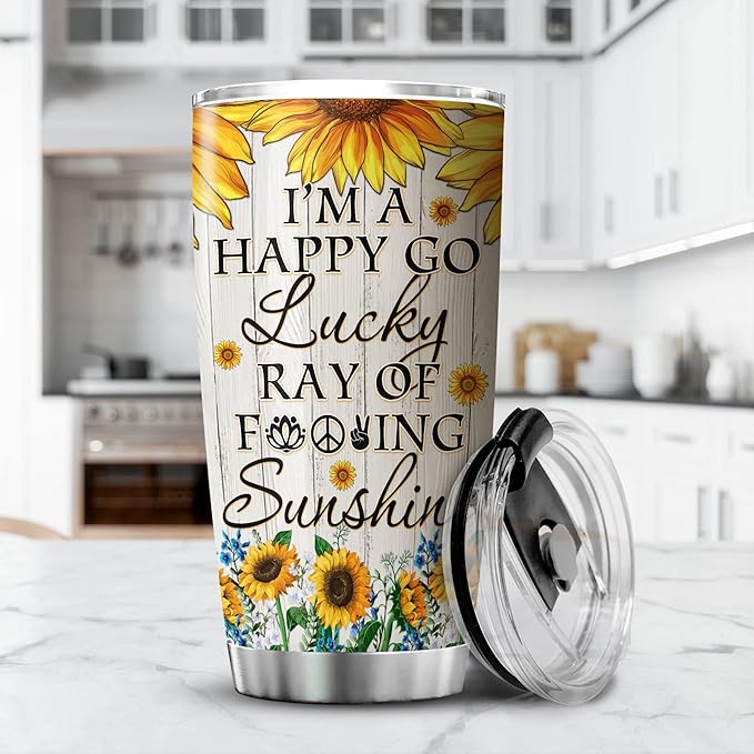Sunflower Girl Tumbler With Lid 20oz Im A Happy Go Lucky Ray Of Sunshine Vintage Sunflowers Flowers Stainless Steel Coffee Cup Sunflower Things For Teen Girls Insulated Mug
