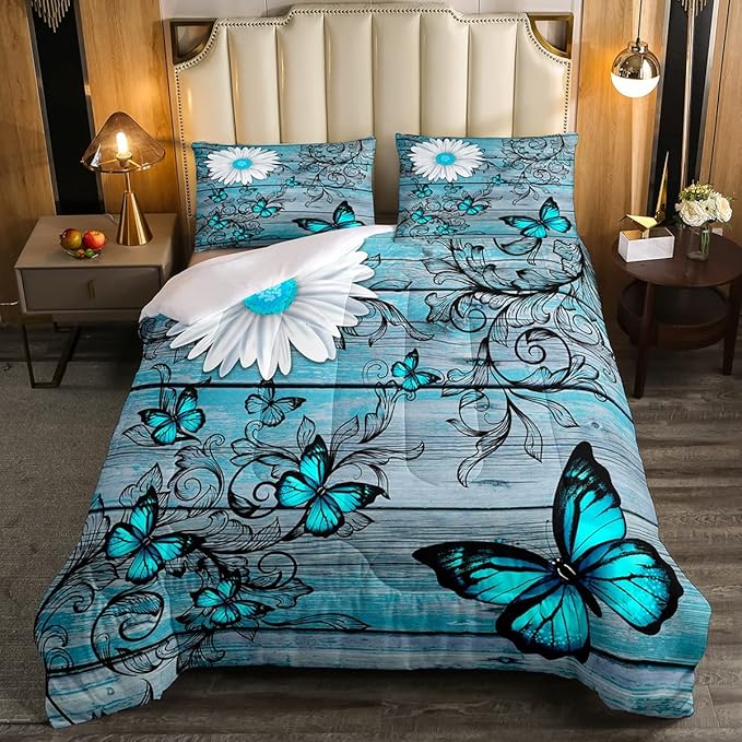 Butterfly Bedding Sets for Girls Teens Women Bedroom Rustic Flower Comforter Set,Blue Butterflies White Chic Floral Duvet Set Retro Vintage Romantic Style Quilt Set Full Size Soft Lightweight
