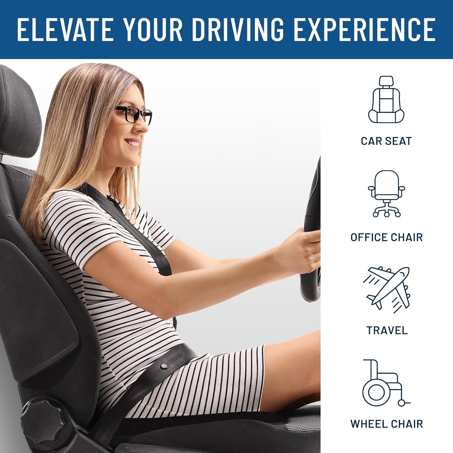 Everlasting Comfort Memory Foam Car Seat Cushion - Tailbone Pain Relief, Driving Seat Cushion for Short People - Office, Wheelchair, Gaming Chair, Travel - Non-Slip, Washable Cover