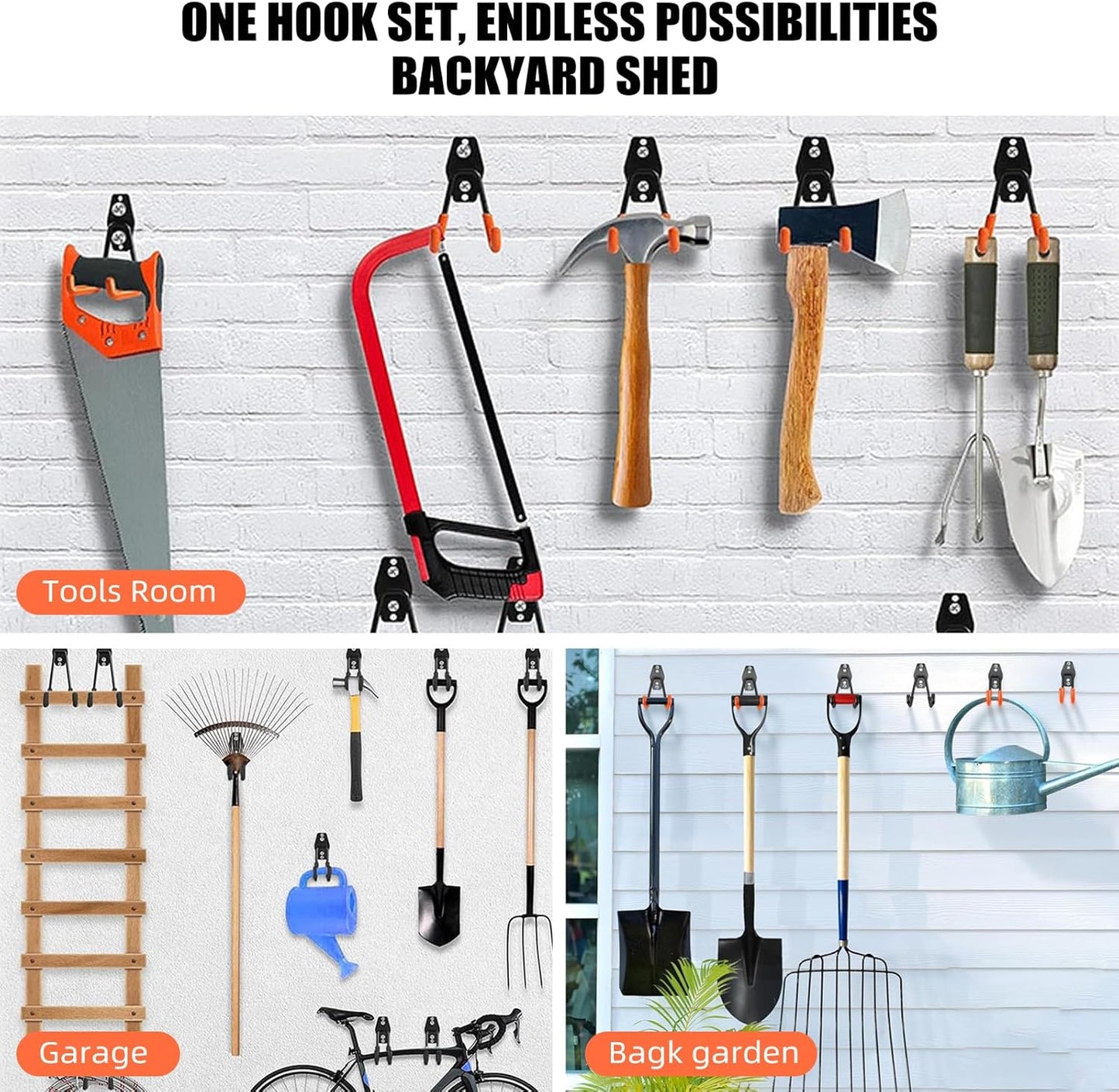 Garage Hooks, 12 Pack Wall Hooks for Hanging Heavy Duty Ladders, Bikes, Tools Ideal for Garage, Garden, Basement Utility Room Storage (Orange)