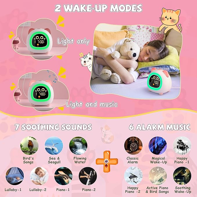 winshine Alarm Clock for Kids, OK to Wake Clock, Kids Alarm Clock with Night Light, Stay in Bed Clock Sleep Training, Nap Timer Cute Kids Room Decor, Gift Ideas for Kids Toddler Boy Girl (Pink)