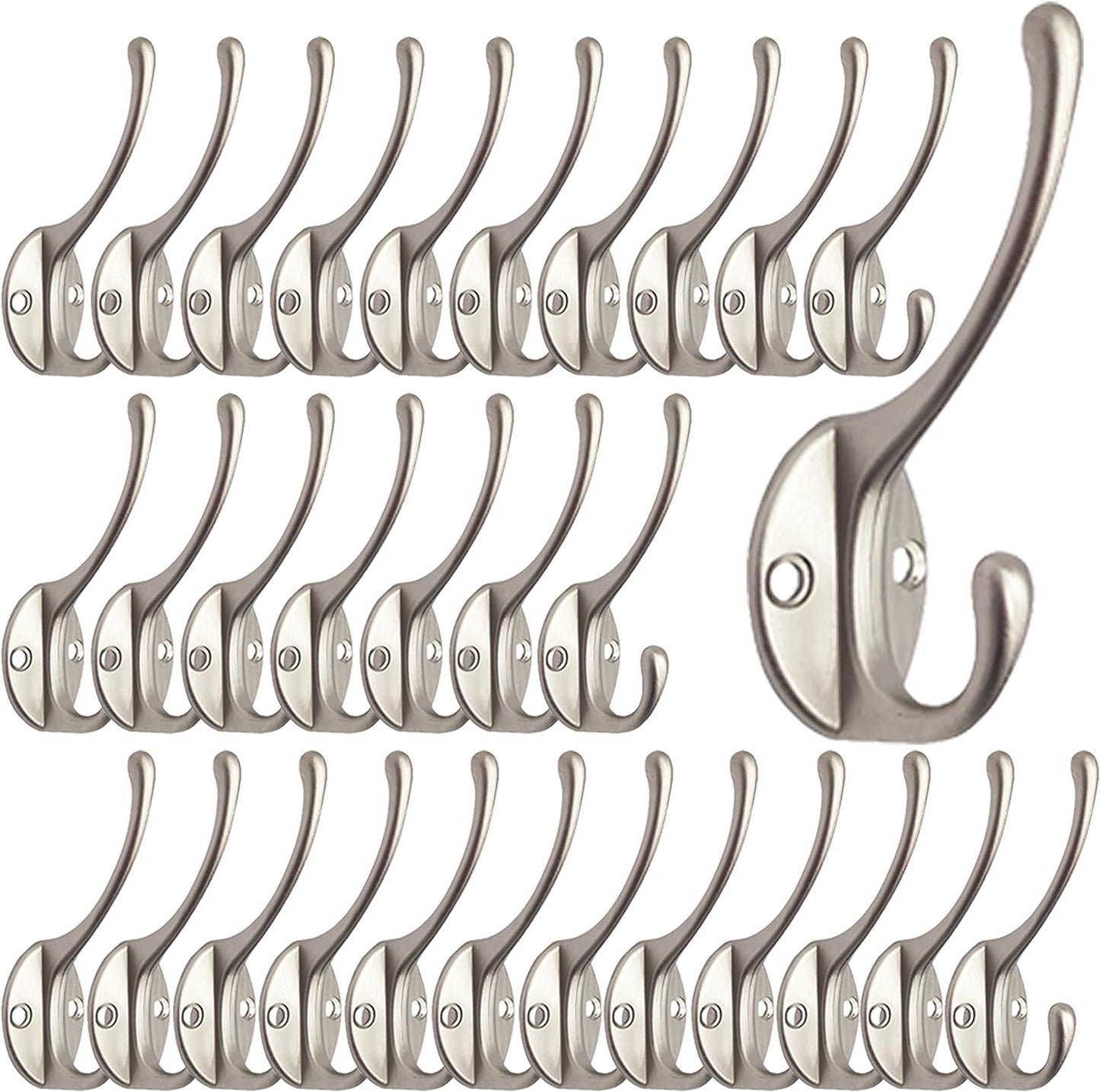 IBosins 30 Pack Heavy Duty Dual Coat Hooks Wall Mounted with 60 Screws Retro Double Hooks Utility Silvery Hooks for Coat, Scarf, Bag, Towel, Key, Cap, Cup, Hat