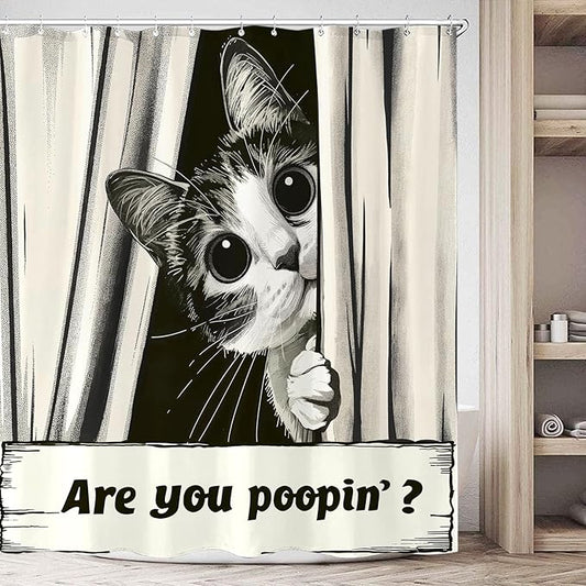 Yeoiat Funny Cat Shower Curtain, are You Poopin' Curious Kitty Whimsical Joke Humor Themed, Shower Curtain Set with 12 Hooks for Bathroom Decor (Black, 72"x72")