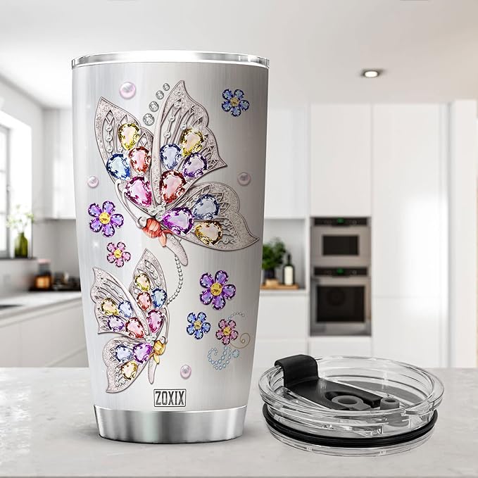 ZOXIX To My Daughter Tumbler From Mom Butterfly Jewelry Style Stainless Steel Coffee Cup 20oz Sentimental Gifts For Daughter From Mother Birthday Present For Her Insulated Mugs