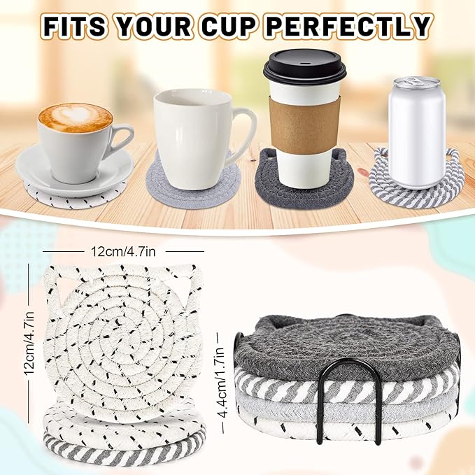 Whaline Cat Ears Coaster Set Cat Ear Shape Handmade Braided Cotton Coasters White Grey Non-Slip Absorbent Drink Coaster with Holder for Spring Mother's Day Birthday Housewarming Gifts Home Decor, 4Pcs