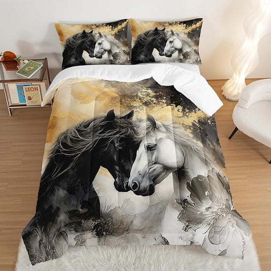 Black White Horses Comforter Set Queen Size,Golden Ink Painting Flora Bedding Set for Kids and Adults Bedroom Horse Decor,Wild Animal Theme Art Aesthetics Comforter Set with 2 Pillowcases.