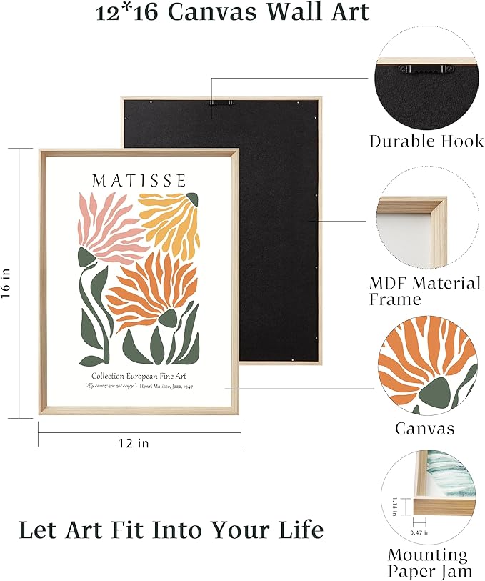 UPWOIGH Framed Canvas Wall Art, Matisse Flower Market Botanical Set of 3, 12"x16" Aesthetic for Living Room & Bedroom Decor