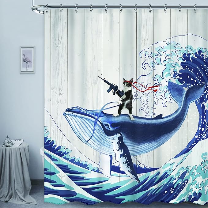 Yookeb Funny Cute Cat Riding Bathroom Shower Curtain Whale Ocean Kids Hilarious Japan Kanagawa Waves Wooden 60W by 71H Inch Polyester Fabric 12 Plastic Hooks Waterproof Decor