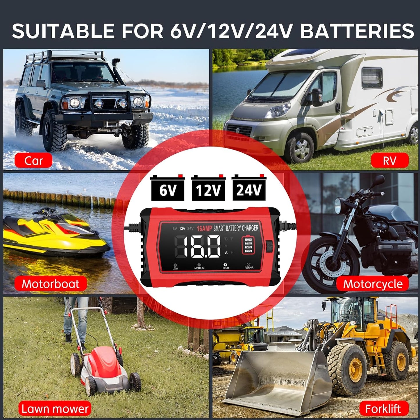 16 Amp Battery Charger, Car Battery Charger 6V 12V 24V Lithium,Lifepo4,Lead-Acid(AGM/Gel/SLA..),Battery Maintainer, Trickle Charger, and Battery Desulfator for Car,Boat,Motorcycle…