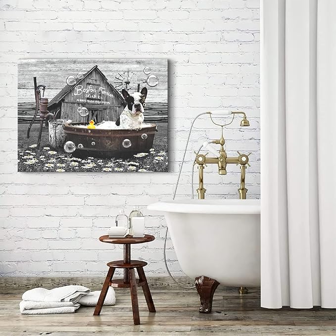 Boston Terrier in Bathtub Wall Art Funny Dog Pictures Wall Decor Farmhouse Bathroom Decor Painting for Bathroom Prints Black and White Artwork Framed 12"x16"