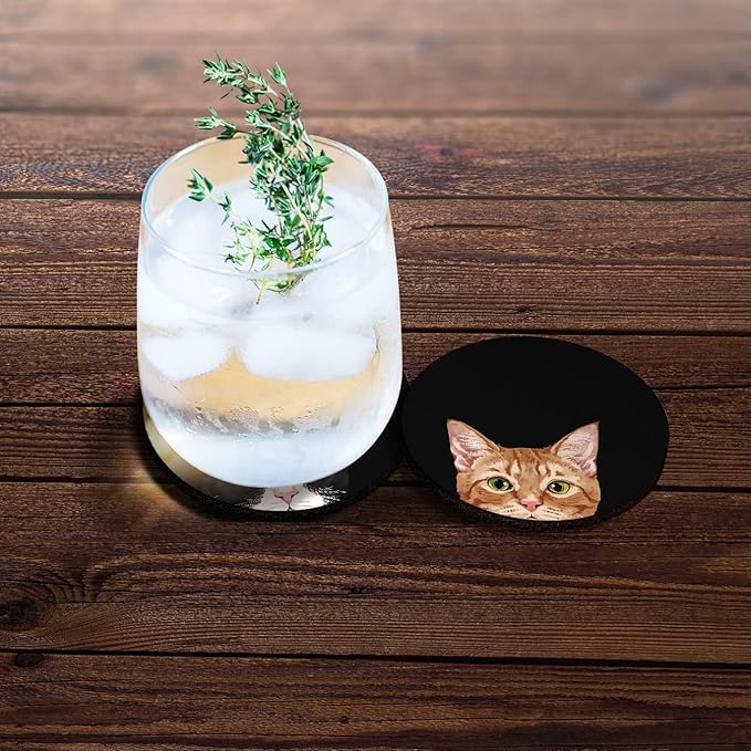 WIRESTER, Orange Tabby Kitten Cat, Black White Tuxedo Cat Design Absorbent Round Fabric Felt Neoprene Car Coasters for Drinks (2.87 inches), 2pcs Set