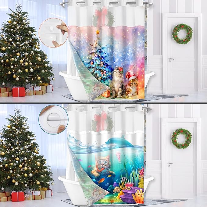 Vimorco No Hook Shower Curtain and Liner Set, 2 Interchangeable Patterns Shower Curtain with Snap (Christmas Tree Cat & Cute Diving Cat) Fabric Waterproof, 71x74 Inch, 2025 New