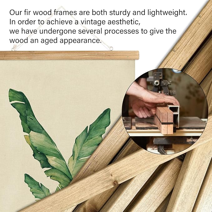 XIAOAIKA 3-Pack Greenery Art Posters with Wooden Hangers - Eucalyptus, Banana Leaf, Palm Frond Illustrations, Minimalist Botanical Wall Art, 12x16 Inches