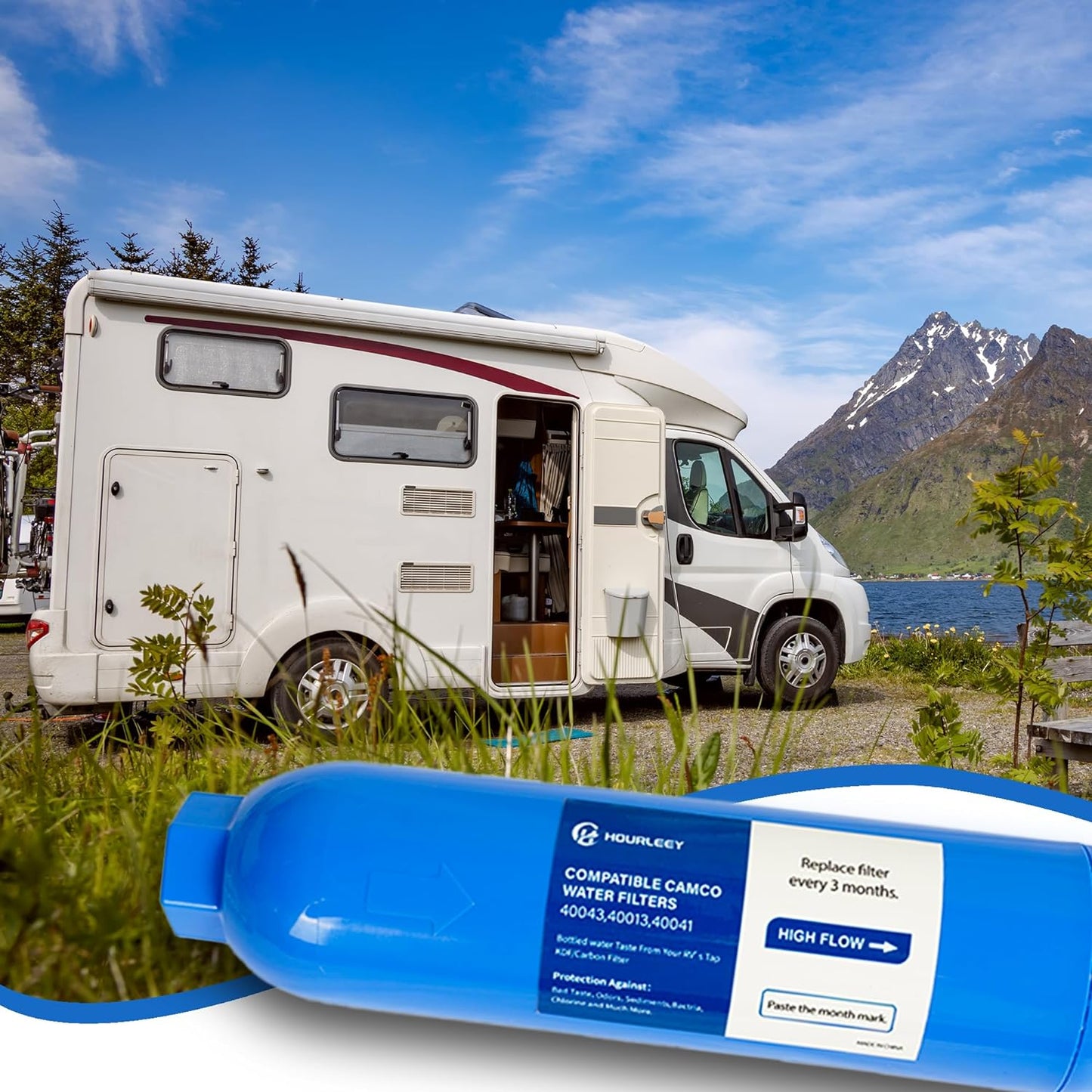 Hourleey 4 Pack RV Inline Water Filter with 2 Flexible Hose Protector, Reduce Bad Taste, Odors, Rust, Fluoride, Chlorine and Sediment in Drinking Water, Dedicated for RVs Campers Marines