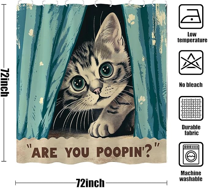 Yeoiat Funny Cat Shower Curtain, are You Poopin' Curious Kitty Whimsical Joke Humor Themed, Shower Curtain Set with 12 Hooks for Bathroom Decor (Green, 72"x72")