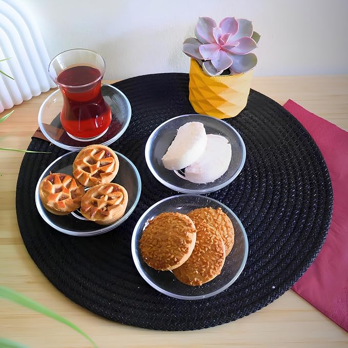 Ums Round Turkish Small Glass Plates Set, 4 Inch - 6 Pieces Round Glass Saucers Set for Coffee, Tea, Snack, Sauce and Appetizer