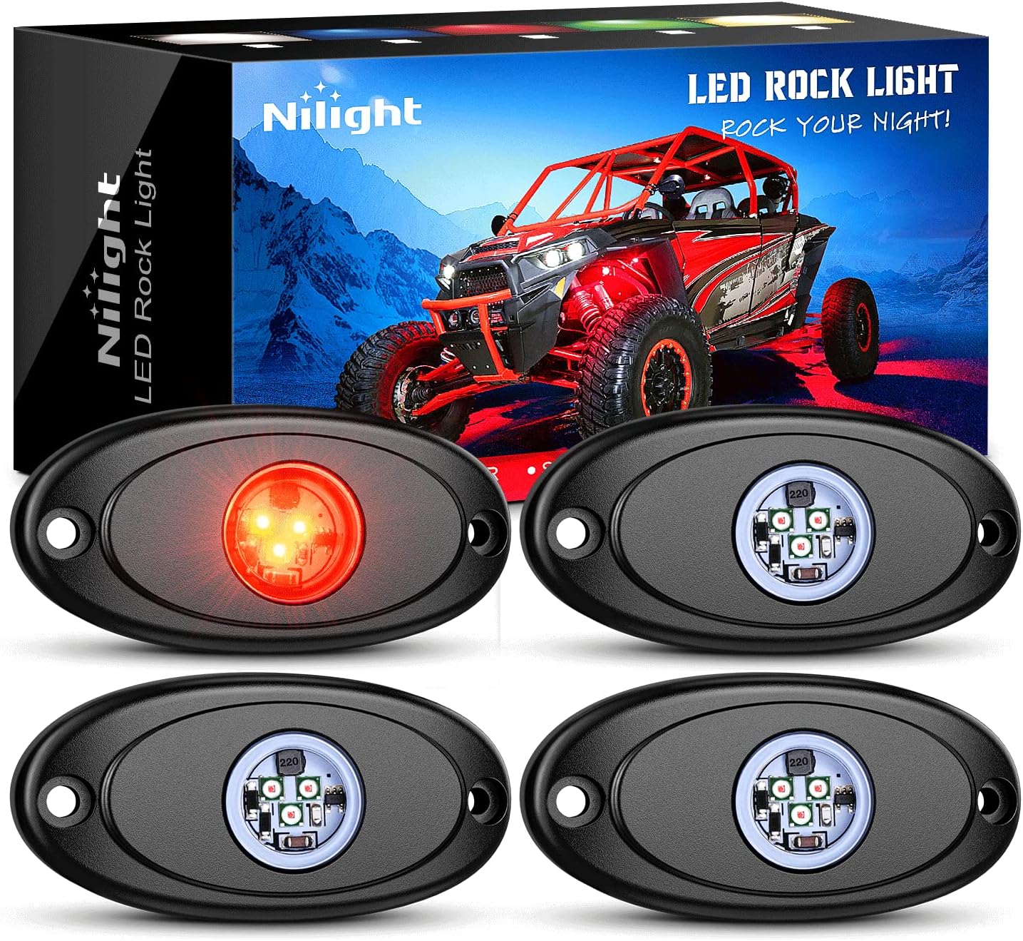 Nilight LED Rock Light 4PCS Underglow Wheel Well Pods Waterproof Exterior Underbody Roof Rack Side Lamps for Car Truck Pickups ATV UTV SUV Motorcycle Boat, Red Color