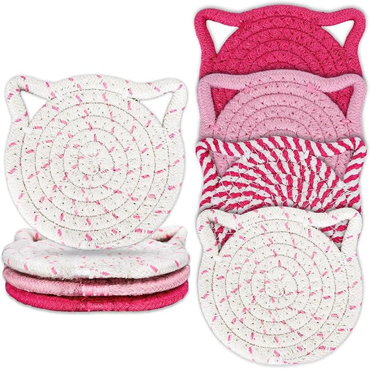 Whaline Cat Ears Coaster Set Hot Pink Handmade Braided Cotton Coasters Non-Slip Absorbent Drink Coasters with Holder for Graduation Birthday Housewarming Gifts Home Decor, 4Pcs