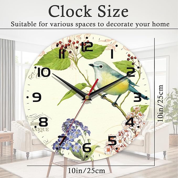 Wall Clock, 10 Inch Silent Non-Ticking Home Kitchen Decor, Battery Operated for Bathroom Bedroom Living Room Office(Vintage Watercolor Bird Flower)