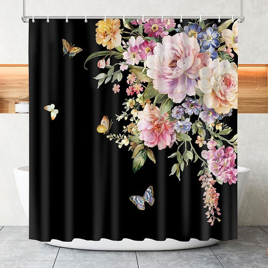 Vimorco Flower Butterfly Shower Curtain, Black Shower Curtains for Bathroom, Waterproof Quick-Dry Polyester Fabric Flower Shower Curtain, Floral Bath Curtain Bathroom Decor, 12 Hooks
