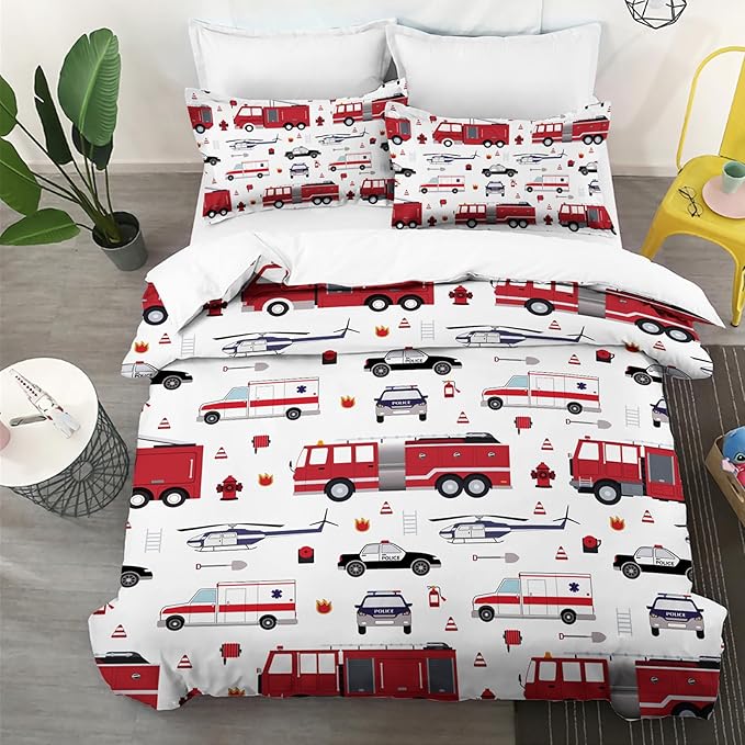 Yasida 3Pcs Queen Fire Truck Comforter Bedding for Kids, Police Car Firemen Car Vehicle Helicopter Fitted Sheets for Boys and Girls Bedding Set(1Comforter+ 2 Pillowcases)