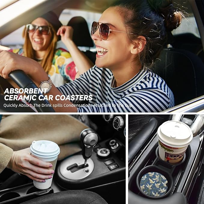 Absorbent Ceramic Car Coasters for Cup Holders, Pigeon Design 2.56" Anti Slip Universal Drink Cup Coasters for Women Men (2 Pack)