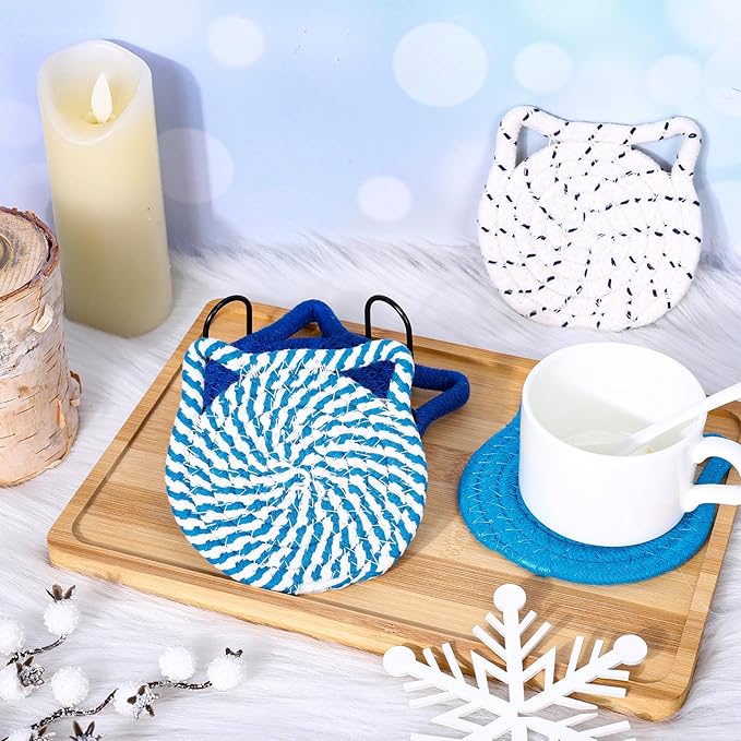 Whaline Cat Ear Coaster Set Cat Ear Shape Handmade Braided Cotton Coasters Blue White Non-Slip Absorbent Drink Coasters with Holder for Summer Birthday Housewarming Gifts Home Decor, Set of 4