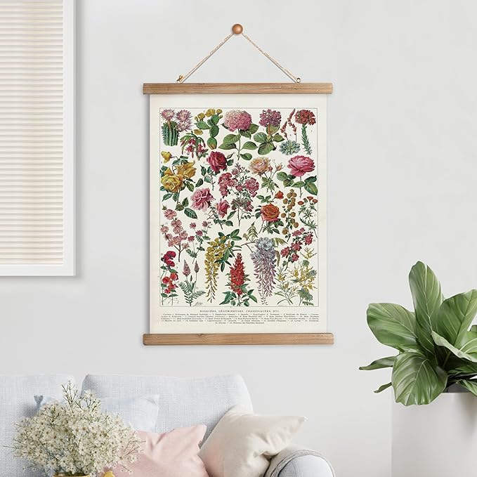 XIAOAIKA Vintage Wildflowers Poster Hanger Frame, Retro Style Wall Decor Art Painting, Patterns are Printed on Linen Without Fading, Scrolls Made of Fir are Durable (16 x 23 inches)
