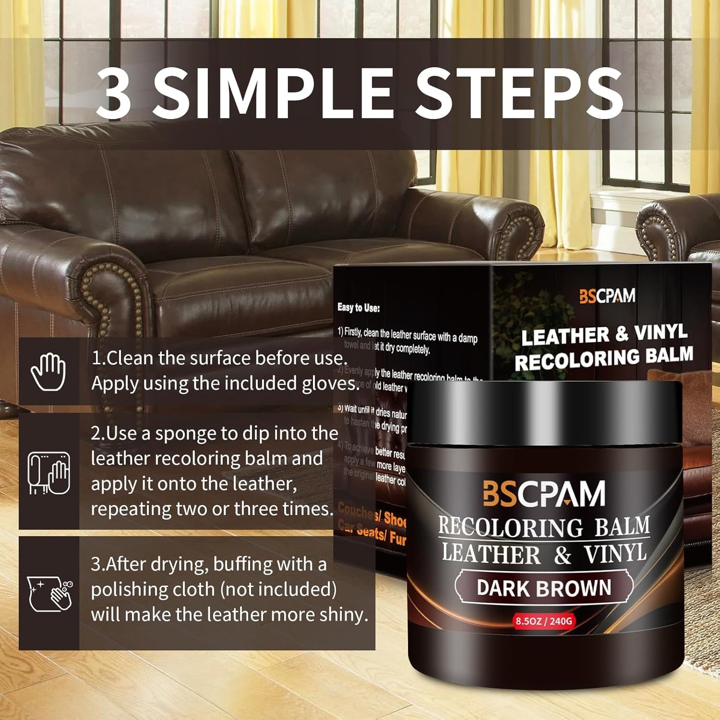 Dark Brown Leather Recoloring Balm,Leather Couch Scratch/Stain Remover,Leather Repair kit for Vinyl Furniture and Car Interior,Leather Dye Paint for Scratched and Faded Leather Couches