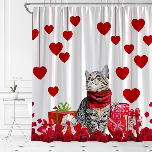 Valentine's Day Shower Curtain Cute Cat Romantic Red Heart Rose Love Couple Woman Girl Creative Bathroom Curtains Decor Fabric Set Include Hooks,(67" Wx70 H)