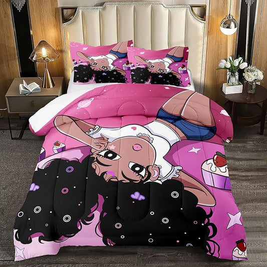 Black Girl Comforter Set Queen Bed Bedding Cute Teenage Girl Bedding Pink African American Pattern Soft Microfiber 3 Piece Quilt Set, 1 Comforter + 2 Pillowcase