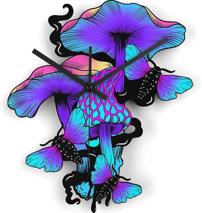 Wooden Wall Clock Trippy Mushrooms Non-Ticking Silent Battery Operated Home Decor DIY Numbers Cool Spooky Witchy House Warming Gift for Bedroom Girls Room Living Room Kitchen Halloween Fungi