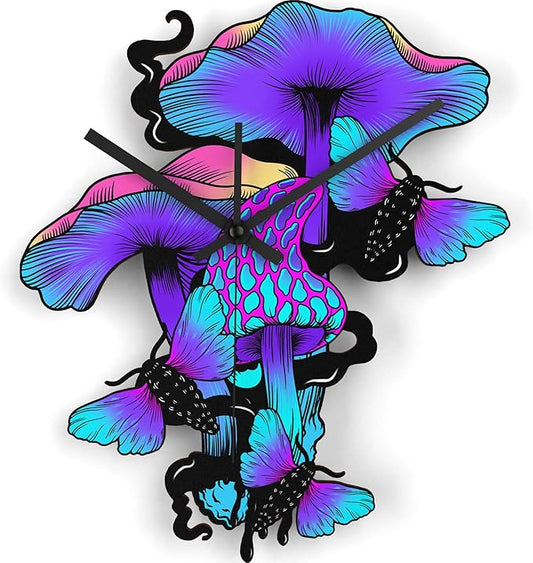 Wooden Wall Clock Trippy Mushrooms Non-Ticking Silent Battery Operated Home Decor DIY Numbers Cool Spooky Witchy House Warming Gift for Bedroom Girls Room Living Room Kitchen Halloween Fungi