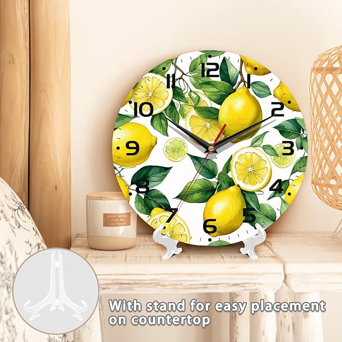 Wall Clock, Watercolor Lemon Wall Clock Silent Non-Ticking Battery Operated Clock 10 Inch, Home Decor for Living Room, Kitchen, Bedroom and Office