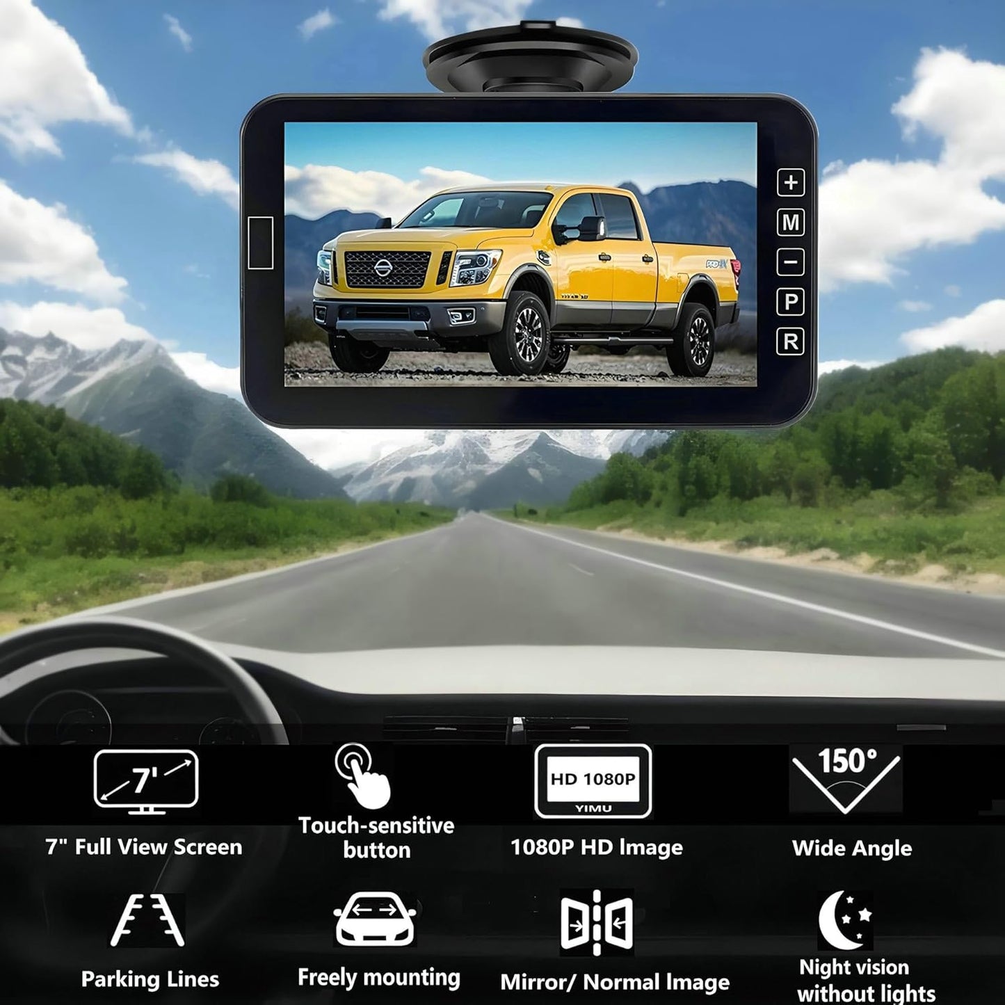 YIMU Car Backup Camera for Truck 7″ monitor AHD 2K Front Rear View Camera for car,USB Powered Plug-Play, Night Vision No-Delay DIY Grid Lines Touch Screen AHD702