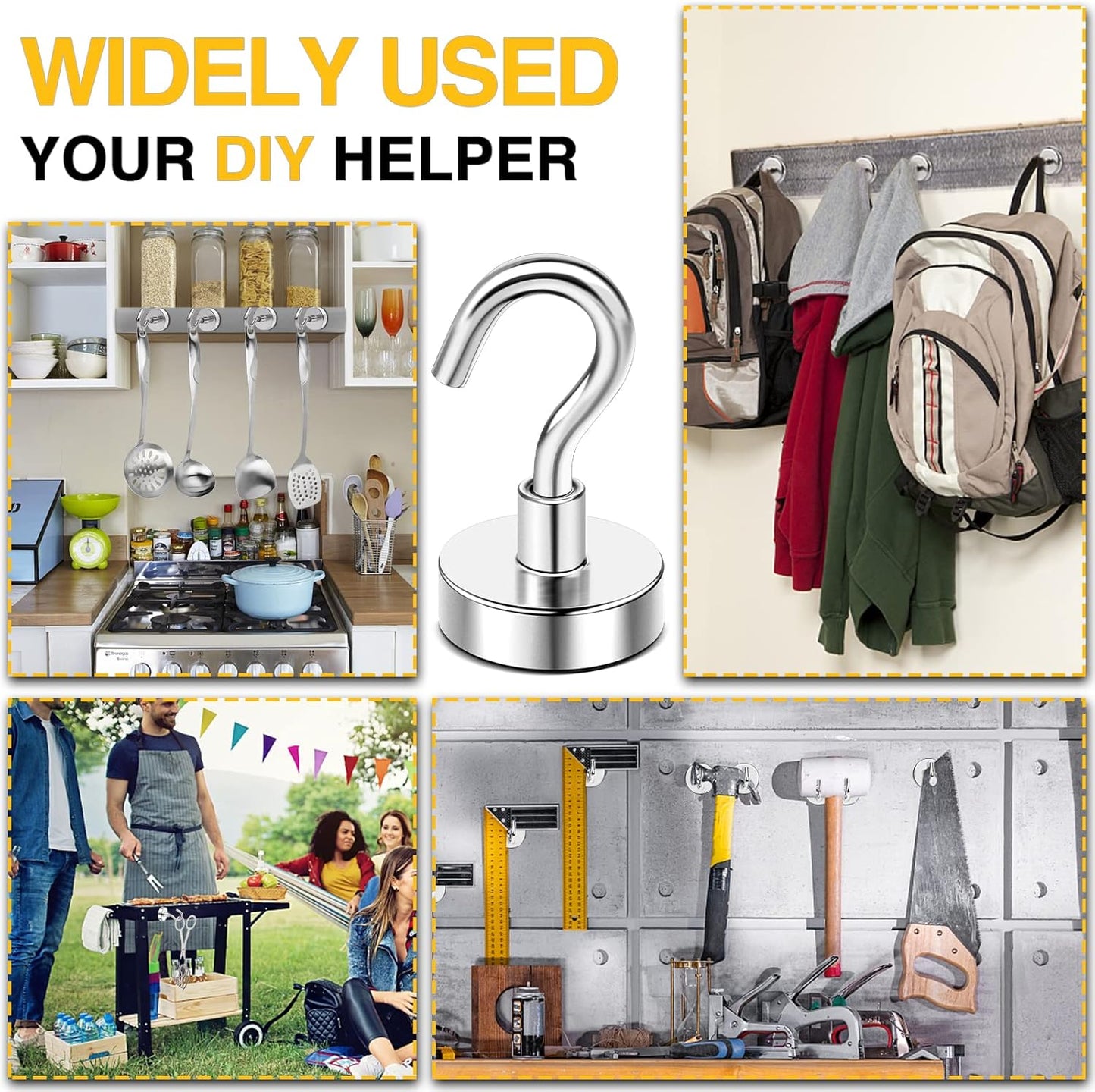 DIYMAG Magnetic Hooks for Refrigerator, Extra Strong Cruise Hook, Heavy Duty Earth Magnets with Hook for Hanging, Magnetic Hanger for Cabins, Grill (45P-Silver)