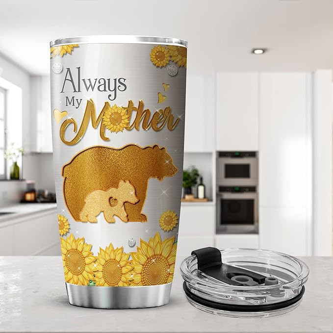 ZOXIX Sunflower Mama Bear Tumbler With Lid Jewelry Style Gift For Mom From Daughter Always My Mother Forever My Friend Stainless Steel Coffee Travel Cup 20oz Mommy Mothers Day Mug
