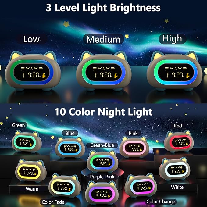 Alarm Clocks for Bedrooms, Kids Alarm Clock with Dual Alarm Snooze Mode 10 Color Night Light Sleep Training Eye Protection Auto Off Timer Blue Cat, Gift for Kids, Adults, Teens