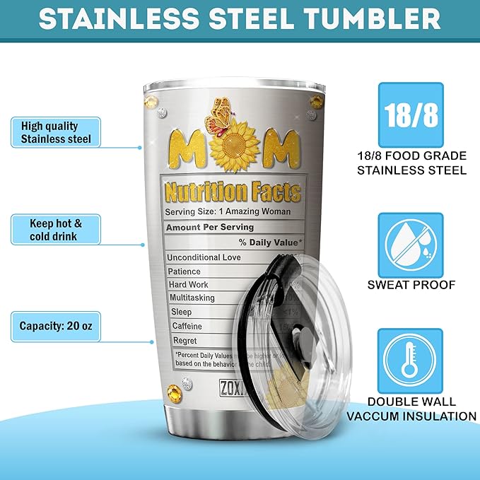 ZOXIX Mom Nutrition Facts Tumbler Sunflowers Butterfly Jewelry Style Funny Mothers Day Gift Ideas Stainless Steel Cup With Lid 20oz Mimi Mama Gifts For Birthday Sunflower Tumblers