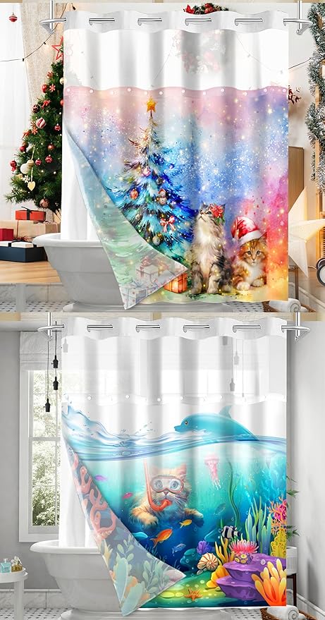 Vimorco No Hook Shower Curtain and Liner Set, 2 Interchangeable Patterns Shower Curtain with Snap (Christmas Tree Cat & Cute Diving Cat) Fabric Waterproof, 71x74 Inch, 2025 New