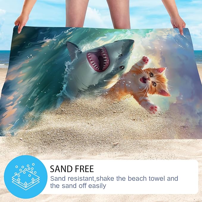 WZOMT Cute Cat Beach Towel, Microfiber Shark Beach Towel, Funny Cat Ride Shark Surfing Ocean Towels, Cats Towels for Cats Lovers, Quick Dry Kitten Kitty Bath Pool Towel, Oversized 32x52 Inch