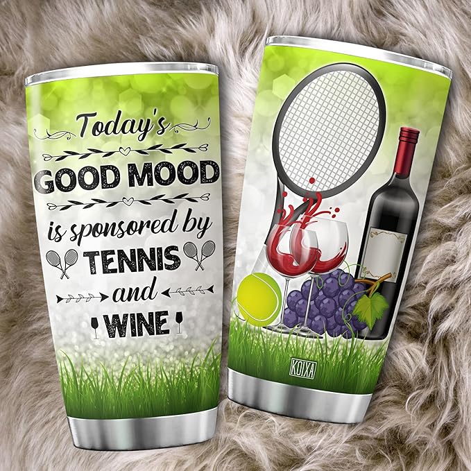 Tennis And Wine Stainless Steel Tumbler 20oz Funny Saying Coffee Cup With Lid Sport Enthusiast Tennis Lover Gift For Women Red Wine Themed Birthday Gifts Insulated Travel Mug