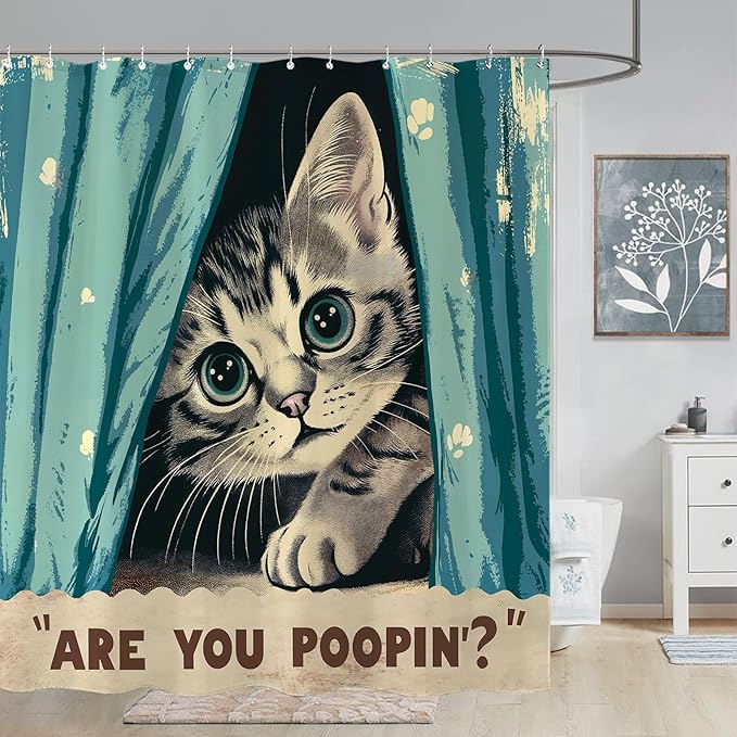 Yeoiat Funny Cat Shower Curtain, are You Poopin' Curious Kitty Whimsical Joke Humor Themed, Shower Curtain Set with 12 Hooks for Bathroom Decor (Green, 72"x72")