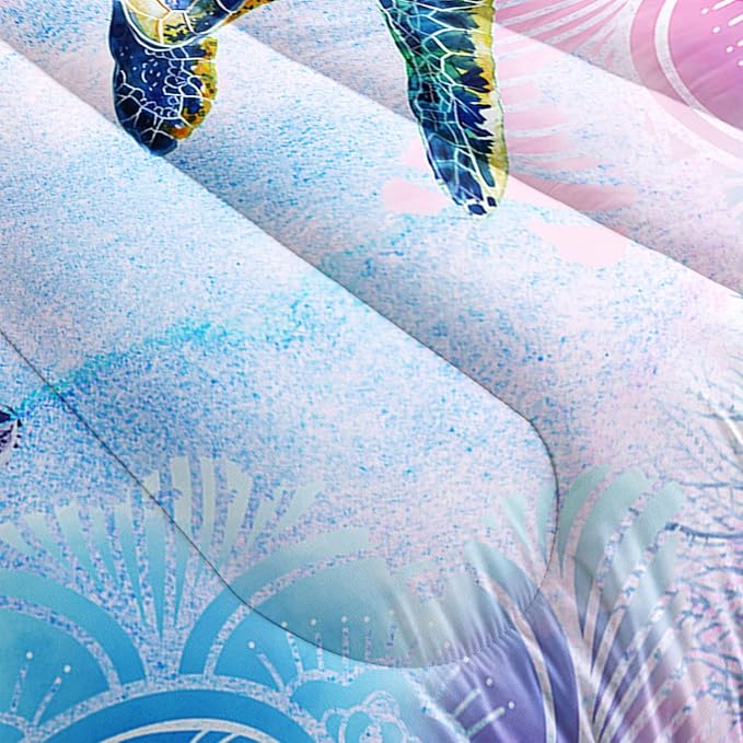 Watercolor Turtle Comforter Bedding Set for Kids Teens,Pink and Blue Ocean Themed Sea Pattern Microfiber Comforter with 2 Pillowcases(Watercolor Turtle Queen)