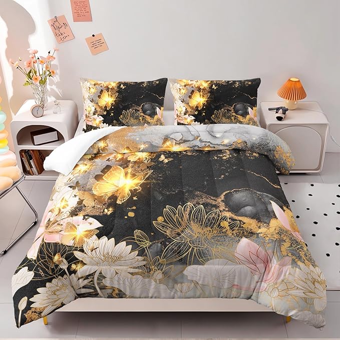 Butterfly Flowers Comforter Set Twin Lotus Floral Bedding Sets 3PCS for Kids Teen Adult Room Decor Ultra-Soft Lightweight Microfiber 1 Comforter with 2 Pillowcases