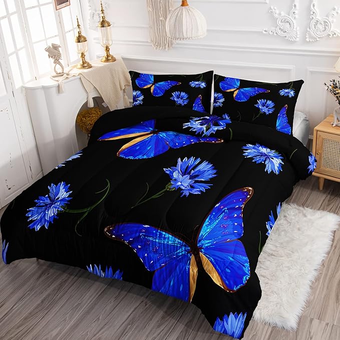 BSNTHO Butterfly Comforter Set for Girls Kids Royal Blue Daisy Floral Bedding Sets Mysterious Black Blue Butterfly Comforter Queen Size with 1 Comforter and 2 Pillowcases