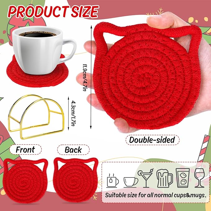 Whaline Cat Ear Coaster Set Cat Ear Shape Handmade Braided Cotton Coasters Red Green Non-Slip Absorbent Drink Coasters with Holder for Birthday Housewarming Gifts Home Decor, 4Pcs