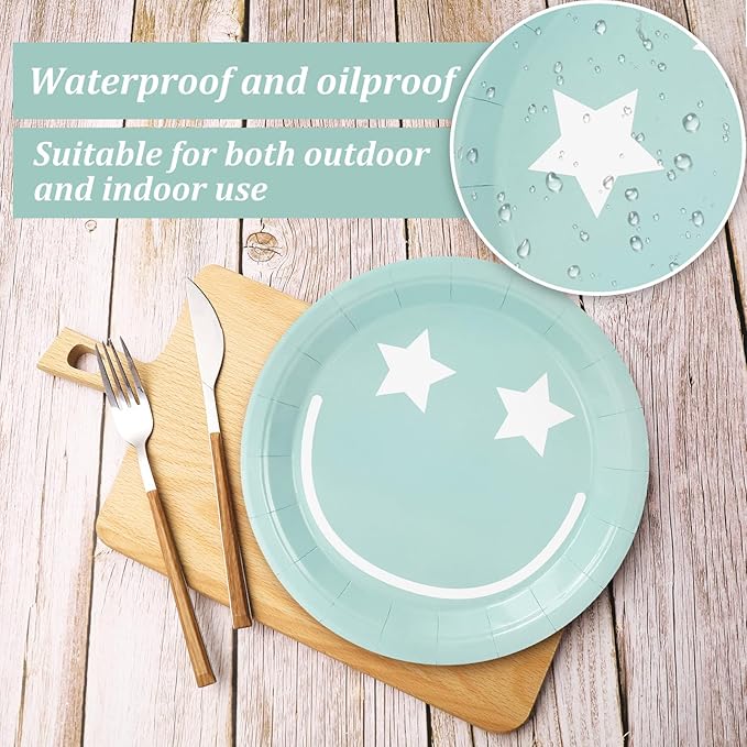 Whaline Pastel Smile Paper Plates 4 Designs Disposable Plates 9 Inch Dinner Dessert Plates for Birthday Wedding Party Supplies Table Decor, 40Pcs